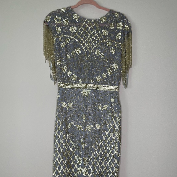 NWT Mac Duggal High Neck Sleeveless Beaded Fringe Fitted Gown - Picture 4 of 7